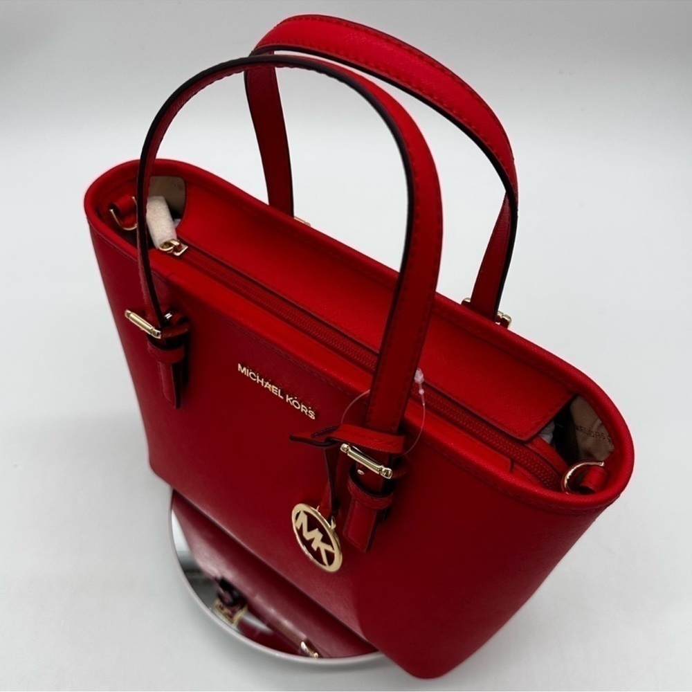 Michael Kors Jet Set Travel Extra-Small Top Zip Tote Bag Red/Gold - Picture 7 of 10